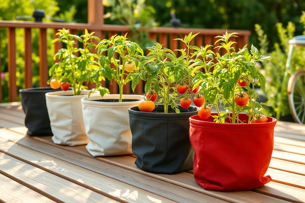 Fabric grow pots with tomato plants on a sunny deck