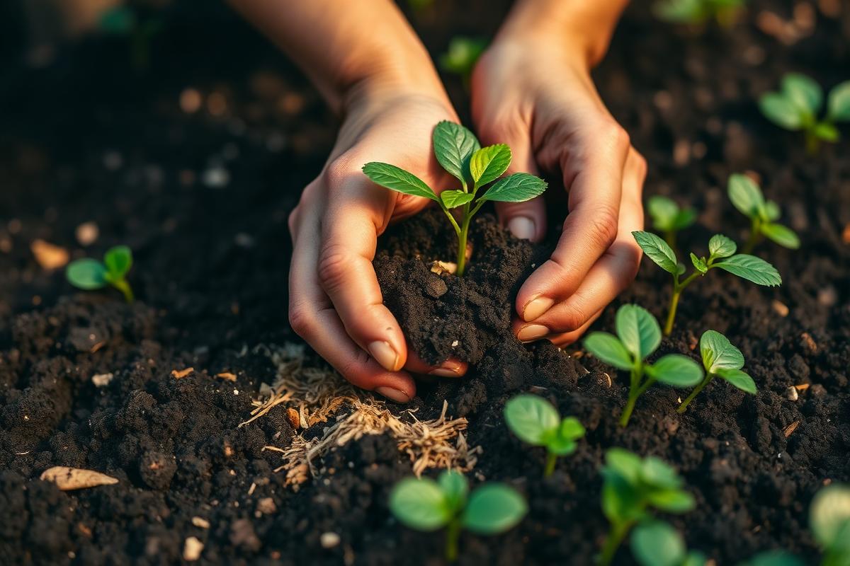 Hands planting a seedling in rich amended soil
